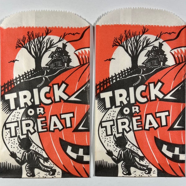 Vintage Set of 2 Halloween Trick Or Treat Bags - Jack O Lantern, Spooky House, Devil, Bat