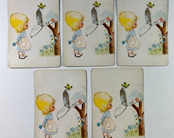 Vintage Set Of 5 Playing Cards - Girl Checking Mail Holding Flower, Butterfly Sitting On Mailbox