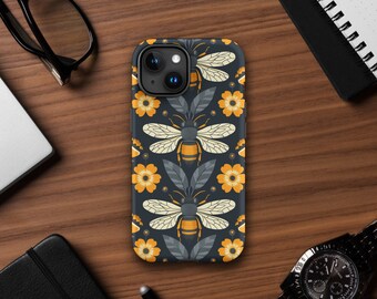 モダンなダークミツバチと花の携帯電話ケース | iPhone 15/14/13/12/11+ Pro Max Mini | 自然の贈り物