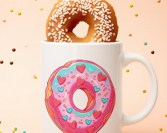 楽しいハートスプリンクルドーナツコーヒーマグ | 11オンス、15オンス、20オンス | キュートでユニークなホームギフト