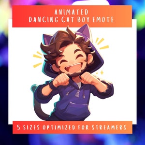 Può includere: Illustrazione digitale animata di un'emote di un ragazzo gatto che balla. Il personaggio indossa una felpa con cappuccio viola con orecchie e coda da gatto. Il testo "ANIMATED DANCING CAT BOY EMOTE" è in alto e "5 SIZES OPTIMIZED FOR STREAMERS" in basso.