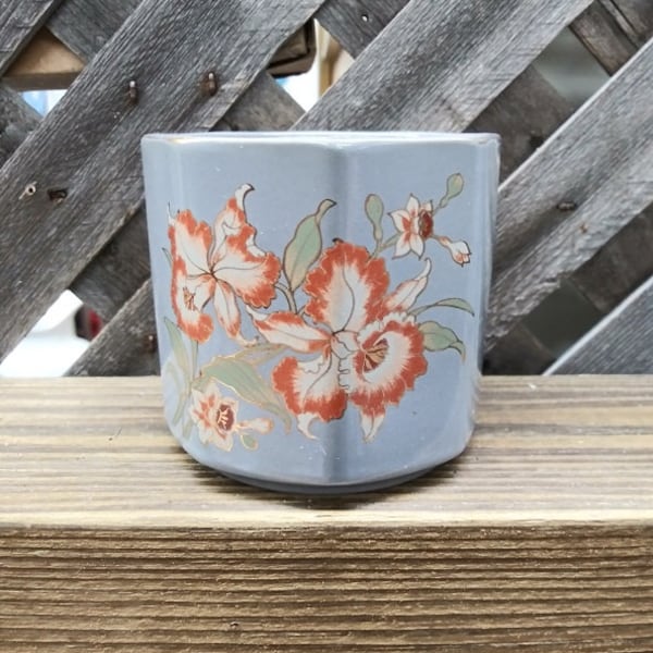 Japanese Sake Tea Cups Gray Porcelain Orange Floral 2 3/4" tall 8 oz