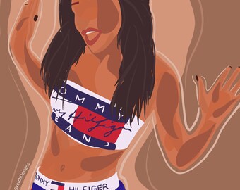 May include: A woman wearing a white crop top with the text "Tommy Hilfiger Jeans" in blue and red. She is also wearing red and blue jeans with a black belt and a white "Tommy Hilfiger" logo.