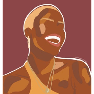 May include: Digital art print of a smiling person with short blonde hair, wearing a yellow top and a necklace with a pearl pendant. The background is a deep red-brown colour. The artist's name, prettyskerchdesigns, is in the bottom right corner.