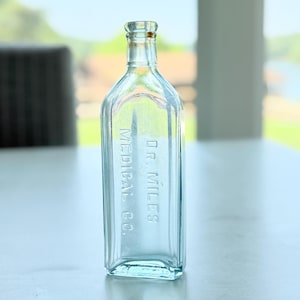 ANTIQUE Dr. Miles Medical Co. Aqua Glass Medicine Bottle - Embossed Vintage Collectible