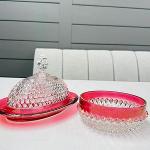 Vintage Indiana Glass Diamond Point Covered Butter Dish, and Dessert/ Fruit Dish Ruby Red Flash Rim, 1960s Mid Century Pressed Glass