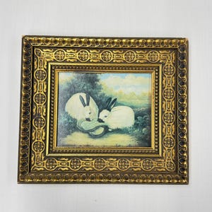 Vintage Framed P. Rolence "Two Himalayan Rabbits Eating Cabbage" Lithograph Print, Ornate Gold Gilt Frame, Cottagecore Farmhouse Wall Art