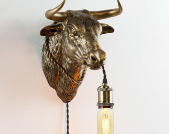 Handcrafted Bull Head Wall Sconce: Rustic Steakhouse Lighting