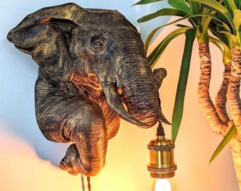 Elephant Head Wall Sconce: Boho Safari Decor (11.8 in)