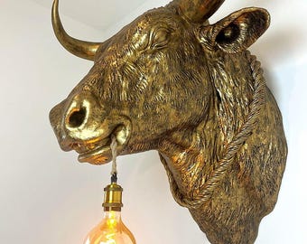 Large Bull Head Wall Light: Rustic Farmhouse Decor - 3D Printed