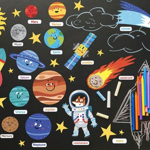 Learning the cosmic terms, planets, solar system. Removable stickers for kids. Kids room decal. Education & fun.