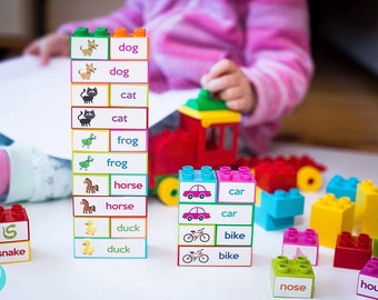 Learning words with blocks. Removable and reusable stickers for kids. Global reading method