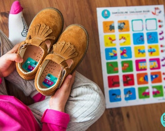 Pädagogische Schuhaufkleber. Für die Innenseite der Schuhe, rechts-links, für Kinder. Aufkleber für den Kindergarten. Haben Sie einen ECOLOGICAL-zertifizierten Druck.