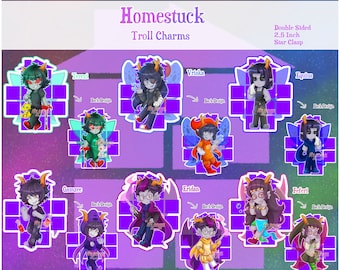 May include: Set of ten double-sided Homestuck troll charms, each featuring a different character. The charms are 2.5 inches in diameter and have a star clasp. The characters are depicted in a cartoon style with vibrant colours and detailed features.