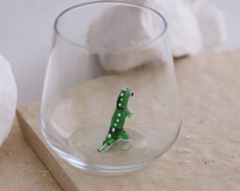 Dinosaur Figurine Drinking Glass – Handmade Tiny Dino Cup, Fun Gift