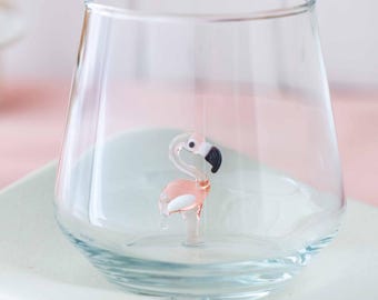 Drinking Glass with Handmade Pink Flamingo, Water, Mug, Kitchen, Tumbler, Glassware, Cute, Home, Table Décor, Design Glasses, Perfect Gift