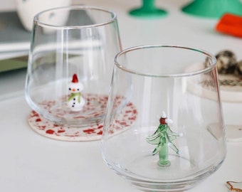 Christmas Theme Drinking Glasses With Handmade Christmas Tree and Snowman Figures, Christmas Table Decor, Christmas Tree, Snowman, Gift