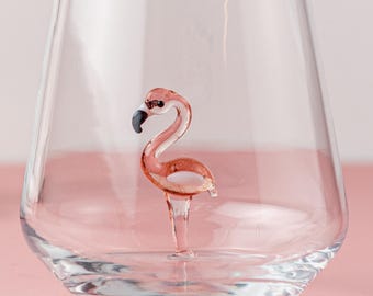 Drinking Glass with Handmade Pink Flamingo, Water, Mug, Kitchen, Tumbler, Glassware, Cute, Home, Table Décor, Design Glasses, Perfect Gift