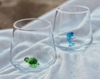 Wine Glass / Water Cup Set of 2 with Handmade Animal Dolphin and Turtle Figures, Handmade Glassware, Cute Tumbler, Father's Day Gift