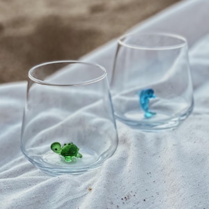 Wine Glass / Water Cup Set of 2 with Handmade Animal Dolphin and Turtle Figures, Handmade Glassware, Cute Tumbler, Father's Day Gift