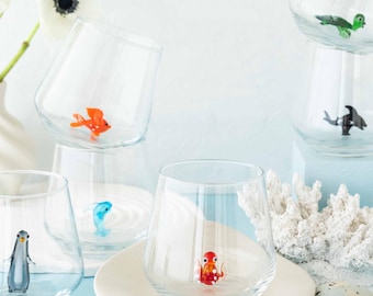 Ocean Animal Glass Set of 6, Handmade Stemless Drinking Glasses, Dolphin Turtle Octopus Orca Penguin Figurines, Coastal Gift