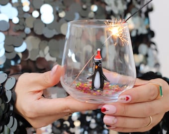 Tiny Handmade Penguin Figurine Drinking Glass, Penguin Wine Glass Set, Penguin Gifts,