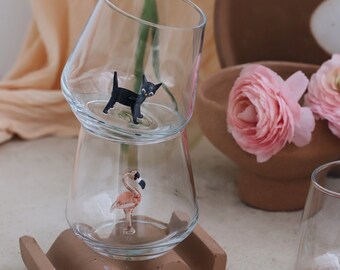 Wine Glass Set of 2 with Handmade Murano Glass Animal Figures, Flamingo Glassware, Black Cat, Flamingo Decor, Black Cat Figurine, Gift Idea