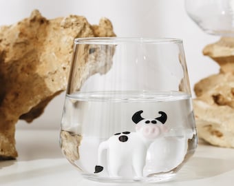 Drinking Glass with Handmade Cow Figurine, Milk Lover Gift, Cow Lover Gift, Cow Decor, Cow Glass Cup, Cow Glassware, Milk Glass, Drinkware