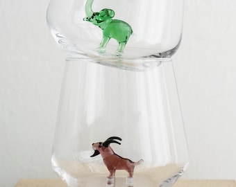 Handmade Tiny Animal Figurine Drinking Glass, Wine Glass Set of 2, Elephant and Goat Stemless Wine Glass, Elephant Gift, Décor, Goat Gifts