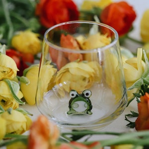 Drinking Glasses with Tiny Handmade Frog Figurines, Frog Lover Gift, Cute Frog, Stemless Wine Glass, Frog Table Décor, Funny Glass Cup, Gift image 1