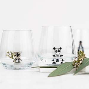 Drinking Glass Set of 2 with Handmade Panda and Koala Figurines, Koala Bear, Wine Glasses, Unique Décor, Gift, Panda Bear Mug, Father&#39;s Day