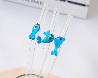 Ocean Animal Straw Set of 3 – Dolphin, Whale & Fish Figurines | Reusable Glass Straws Gift