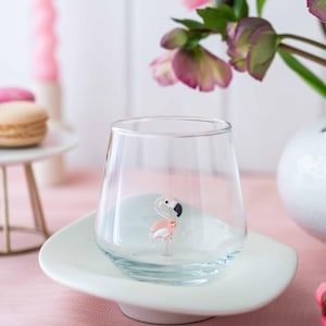 Drinking Glass with Handmade Pink Flamingo, Water, Mug, Kitchen, Tumbler, Glassware, Cute, Home, Table Décor, Design Glasses, Perfect Gift