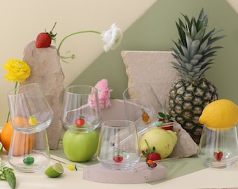 Tiny Figurine Glasses With Fruits, Lemon, Orange, Apple, Strawberry, Pineapple, Pineapple Gifts, Décor, Glassware Set, Fruit Themed Gift