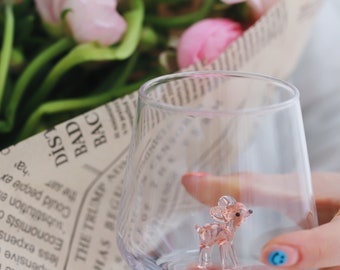 Drinking Glass with Handmade Bambi Figure, Handmade Pink Glassware, Bambi, Baby Shower, Tumbler, Tumbler & Water Glasses, Bambi Gift, Glass