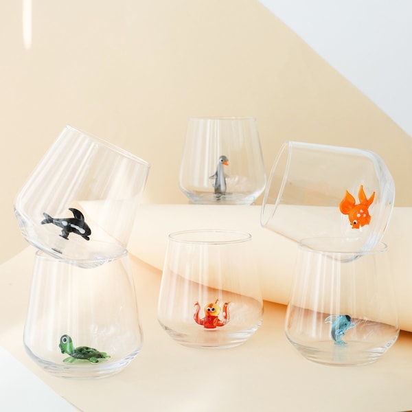 Glassware, Stemless Wine Glass Set with Handmade Animal Figures, Ocean Themed Glasses, Glass Art, Unique Father's Day Gift, Graduation Gifts