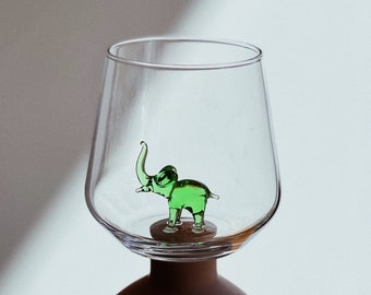 Drinking Glass with Green Elephant Figure, Green Elephant, Elephant Gifts, Elephant Décor, Elephant Figurine, Animal Gifts, Drinkware, xmas