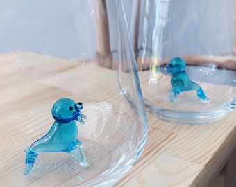 Drinking Glass with Handblown Glass Blue Seal Figurine, Water, Mug, Kitchen, Sea Dog Tumbler, Glassware, Cute, Table Décor, Christmas Gift