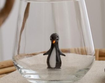 Tiny Handmade Penguin Figurine Drinking Glass, Christmas Penguin Wine Glass, Cute Penguin Glass Cup, Gifts For Penguin Lovers, Xmas Holiday