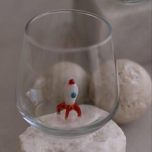 Tiny Handmade Rocket Figurine Drinking Glass, Rocket Spaceship, Stemless Wine Glass, Rocket Gift, Space Gift, Astronaut Gift, Rocket Ship
