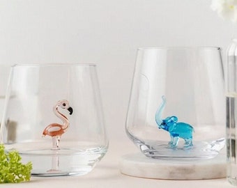 Glasses with Tiny Handmade Animal Figures, Blue Elephant, Flamingo Tumbler, Flamingo Décor, Elephant Gifts, Elephant Glass Cup, Wine Glasses