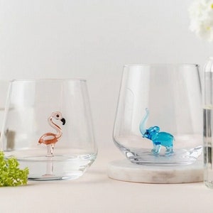 Glasses with Tiny Handmade Animal Figures, Blue Elephant, Flamingo Tumbler, Flamingo Décor, Elephant Gifts, Elephant Glass Cup, Wine Glasses