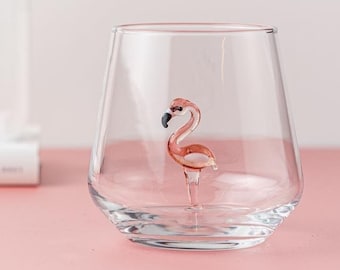 Drinking Glass with Handmade Pink Flamingo, Water, Mug, Kitchen, Tumbler, Glassware, Cute, Home, Table Décor, Design Glasses, Perfect Gift