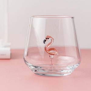 Drinking Glass with Handmade Pink Flamingo, Water, Mug, Kitchen, Tumbler, Glassware, Cute, Home, Table Décor, Design Glasses, Perfect Gift