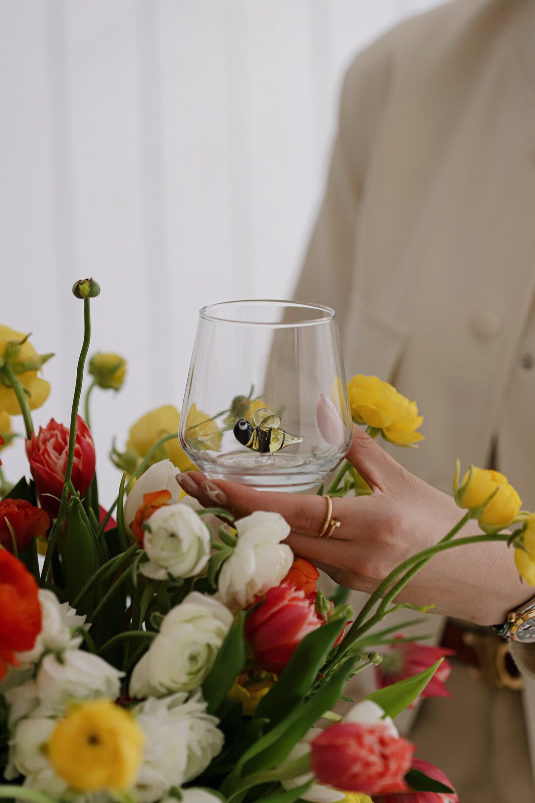 Drinking Glass With Handmade Glass Bee Figurine, Murano Glass, Bee