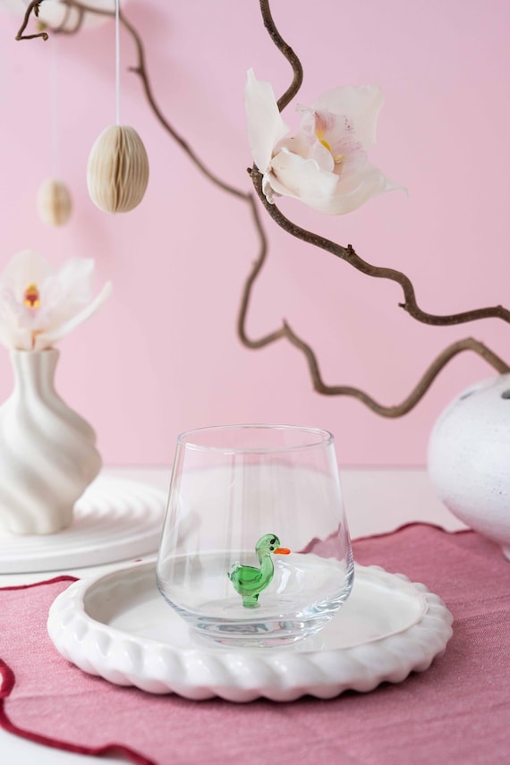 Handmade Duck Figurine Glass, Stemless Drinking Glass, Duck Lover