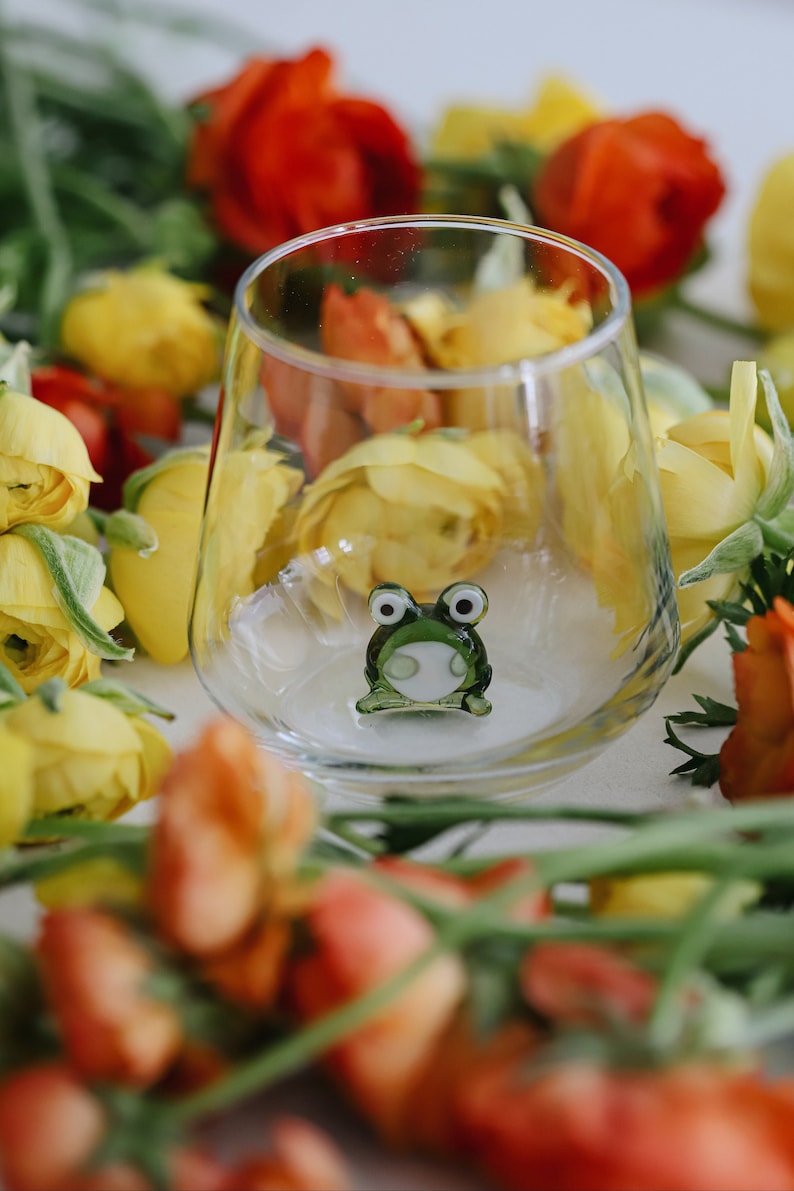 Drinking Glasses with Tiny Handmade Frog Figurines, Frog Lover Gift, Cute Frog, Stemless Wine Glass, Frog Table Décor, Funny Glass Cup, Gift image 1