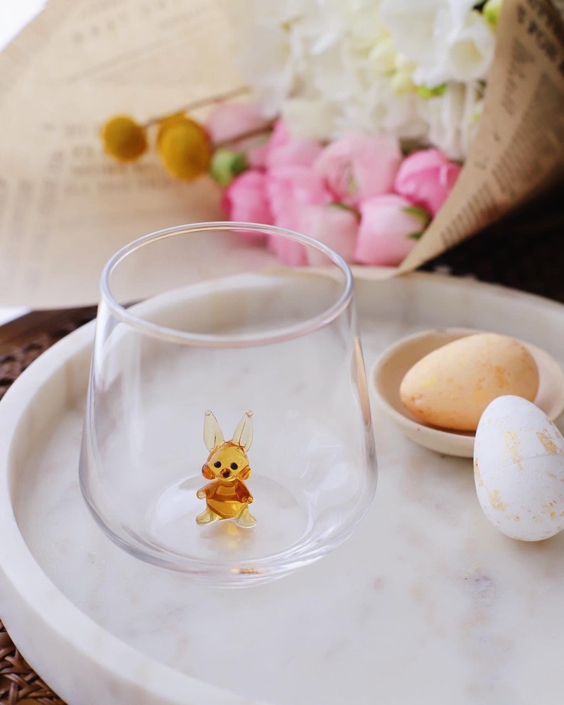 Glassware with handmade rabbit figure, animal, tumbler & water glasses, Rabbit art, Rabbit Glass, Rabbit Themed, Glass Bunny Rabbit, Gift image 2