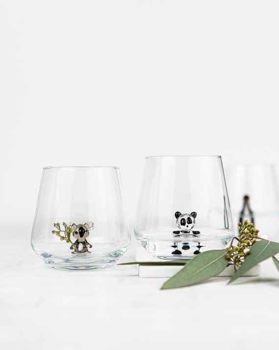 Drinking Glass Set of 2 With Handmade Panda and Koala Figurines