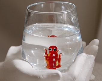 Water Drinking Glass With Handmade Octopus Animal Figure, Tumbler & Water Glasses, Glass Cup, Cute Cup, Tumbler, Animal Love, Perfect Gift